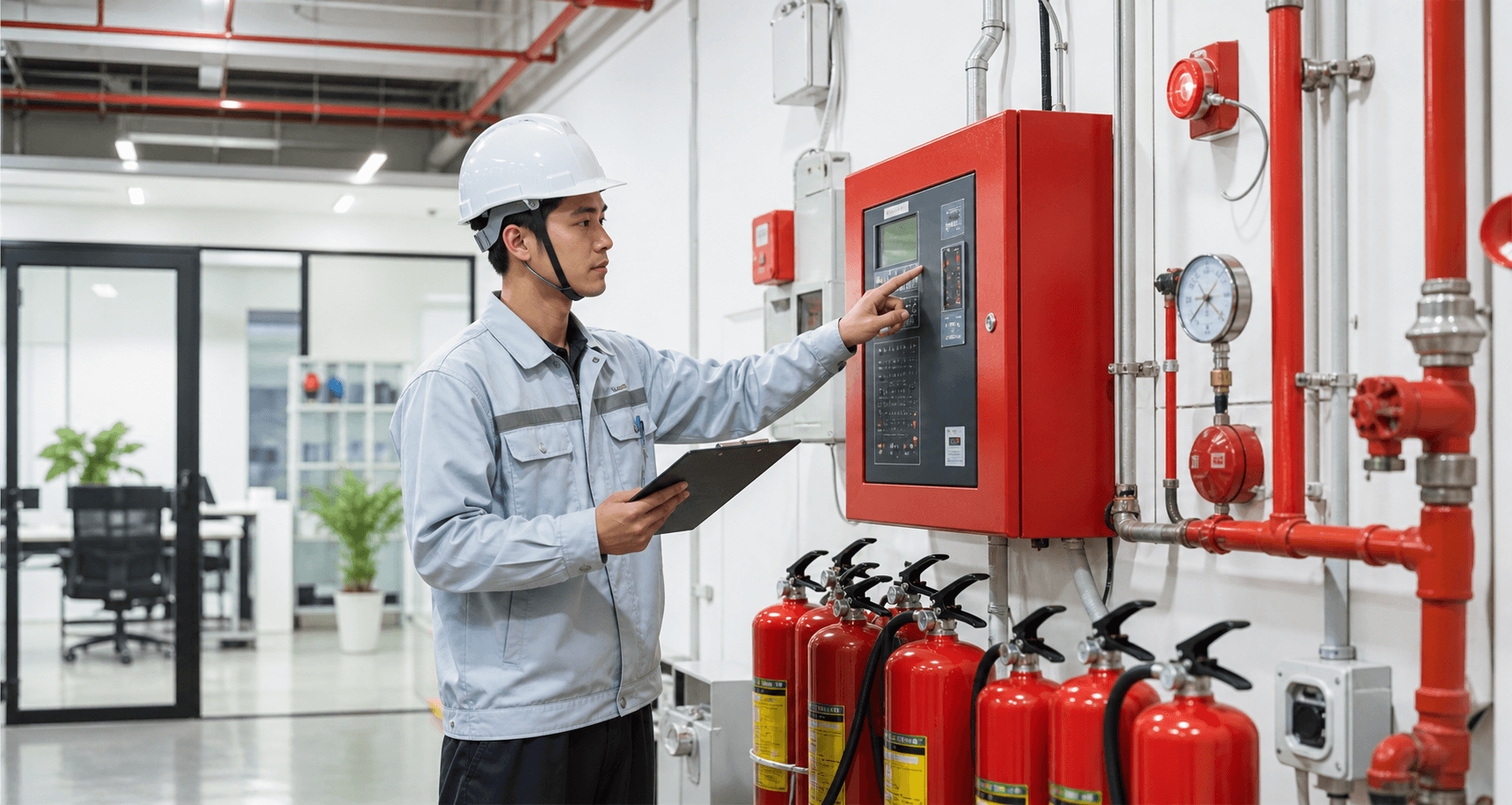 Kỹ sư PCCC kiểm tra thiết bị phòng cháy chữa cháy
